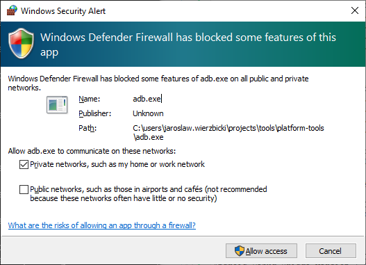 Windows Defender Firewall dialog.